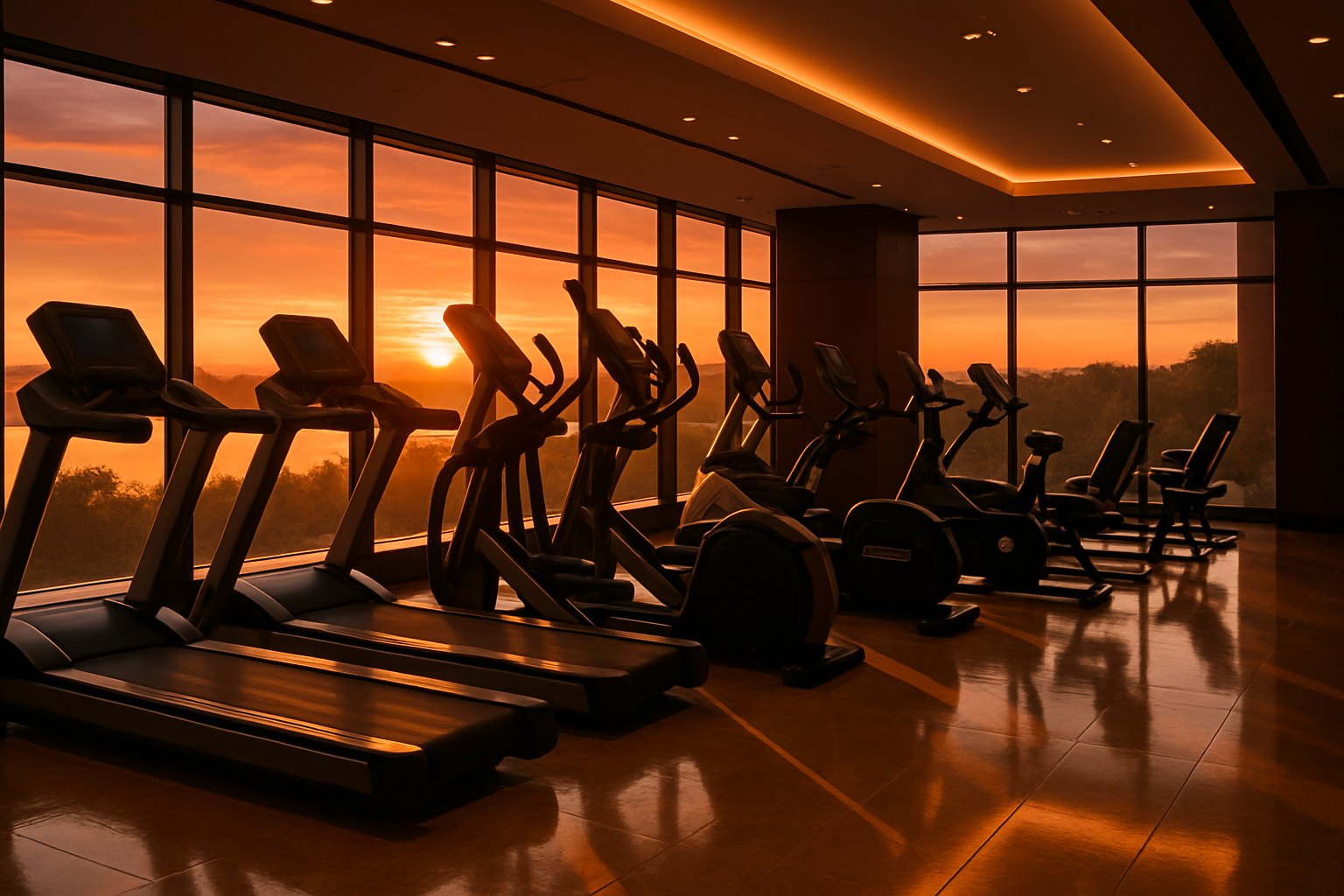 cardio equipment in upscale gym with sun setting in the background